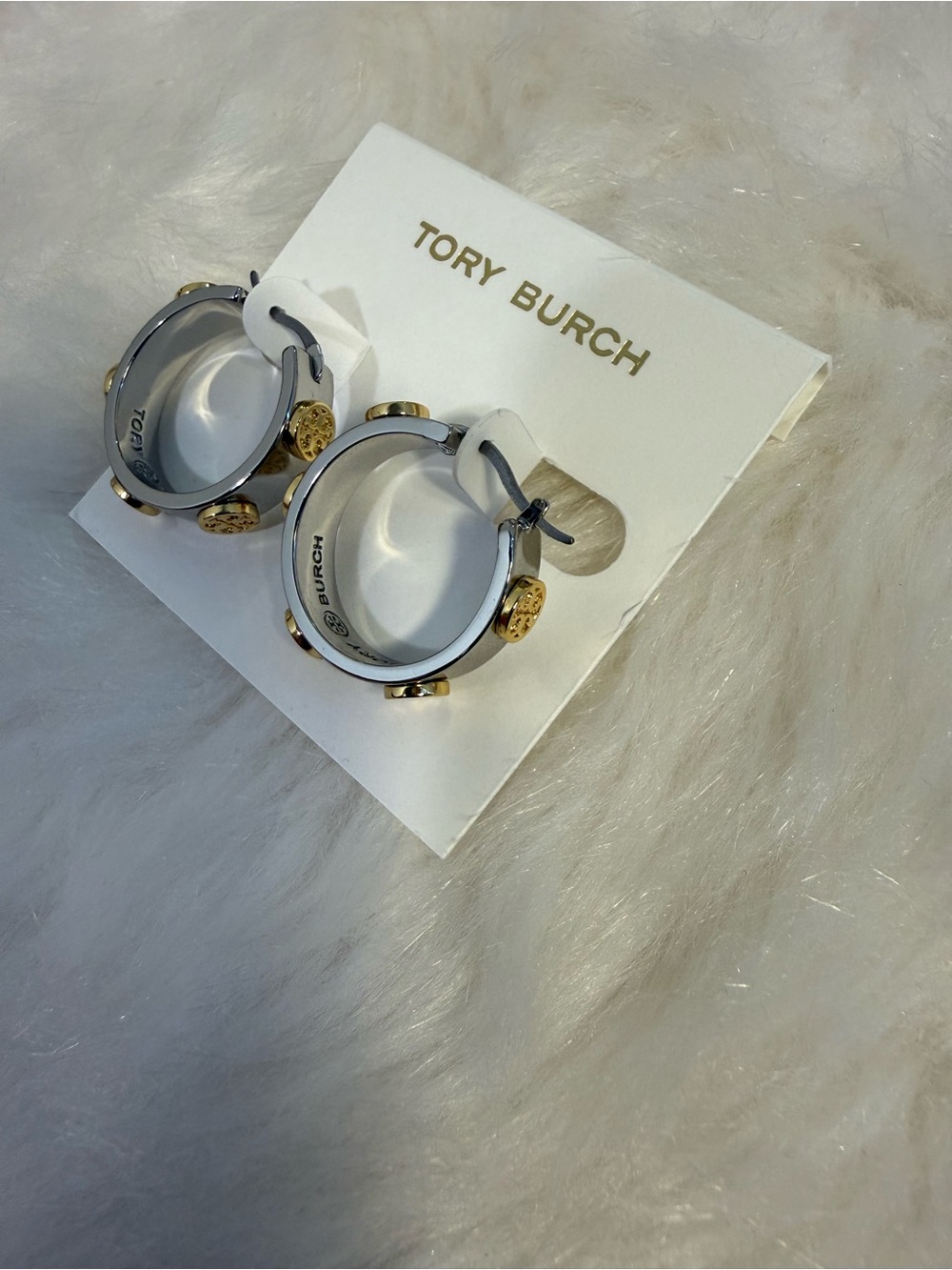 Tory Burch Two-Tone Logo Accent Hoop Earrings - Picture 3 of 4